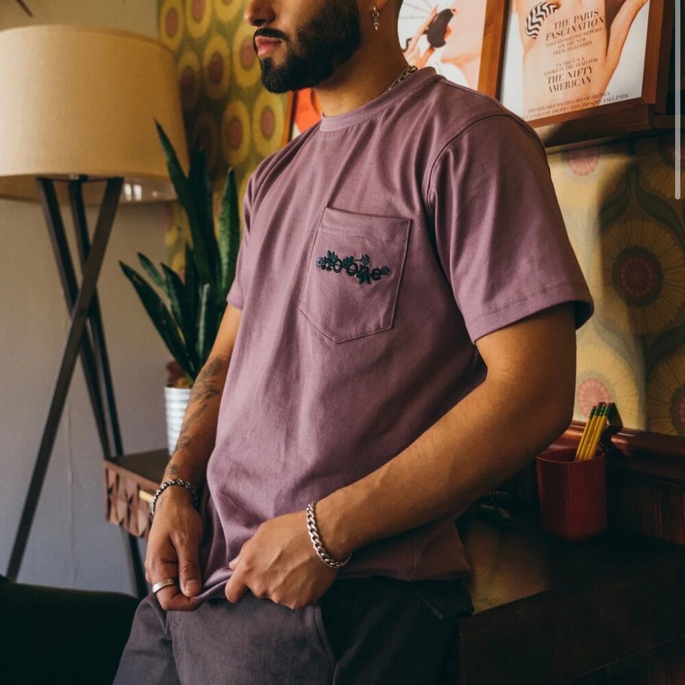 No One Clothiers Respite Tee Purple Japanese Cotton Embroidered Pocket